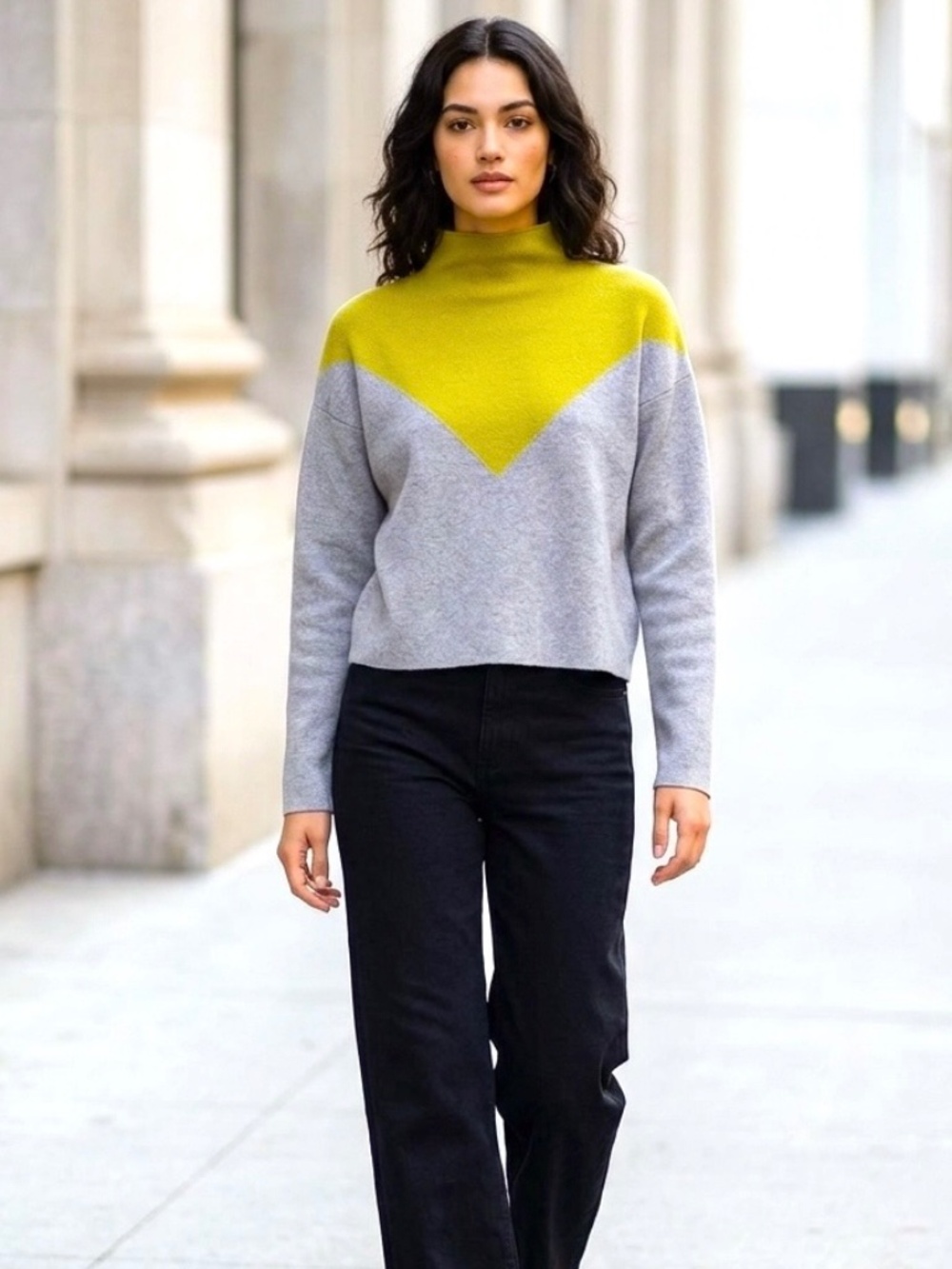 Cynthia Rowley Chevron Mock Neck Knit Sweater Colour block Chartreuse & Grey L
